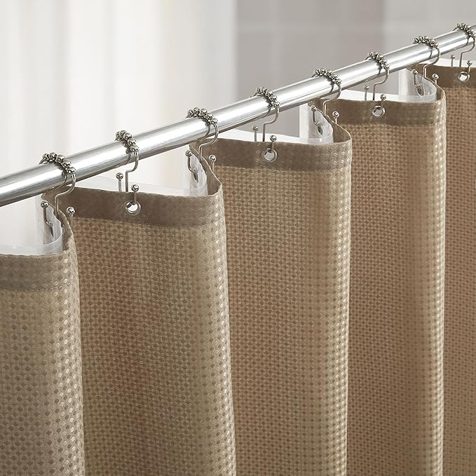 Lameirose 3 in 1 Shower Curtain Set, Waffle Shower Curtain and Liner Set with 12 Double Sided Shower Curtain Hooks, 72 x 84 Fabric Shower Curtains for Bathroom, Beige