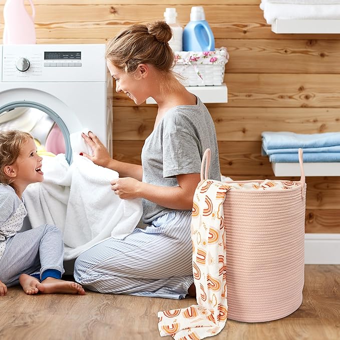 XUANGUO Cotton Rope Laundry Basket Hamper for Clothes Woven Storage Basket for Living Room Bedroom Boho Tall Rope Baskets for Blanket Toys Pillow Towels Baby Nursery Hamper Bin coral pink