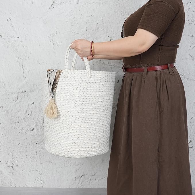 XUANGUO Cotton Rope Laundry Basket Hamper for Clothes Woven Storage Basket for Living Room Bedroom Boho Tall Rope Baskets for Blanket Toys Pillow Towels Baby Nursery Hamper Bin striped