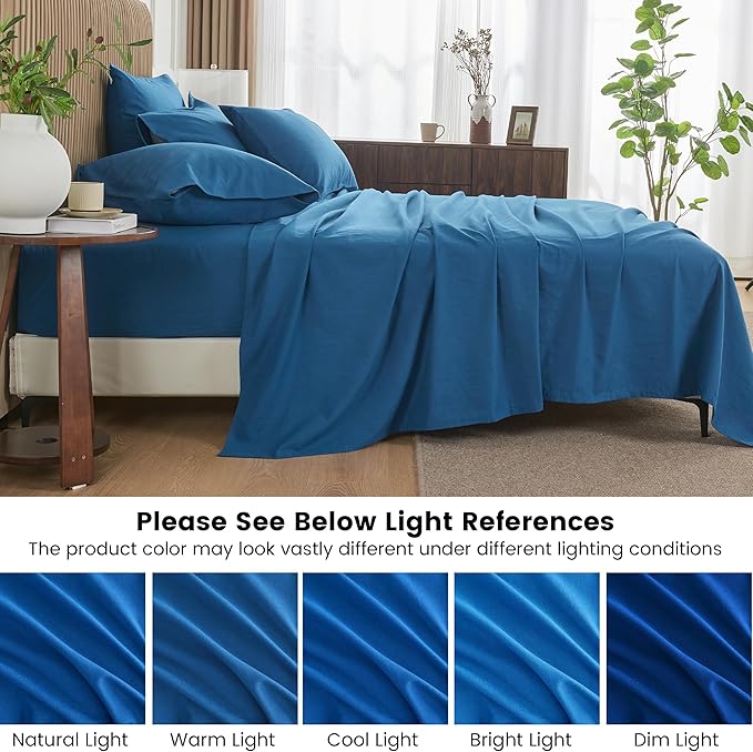 Simple&Opulence Belgian Linen Sheet Set Solid Color - 6 Pieces (1 Flat Sheet & 1 Fitted Sheet & 4 Pillowcases) 16" Deep Pocket Natural Flax Cotton Blended Soft Bedding - Navy Blue, King Size