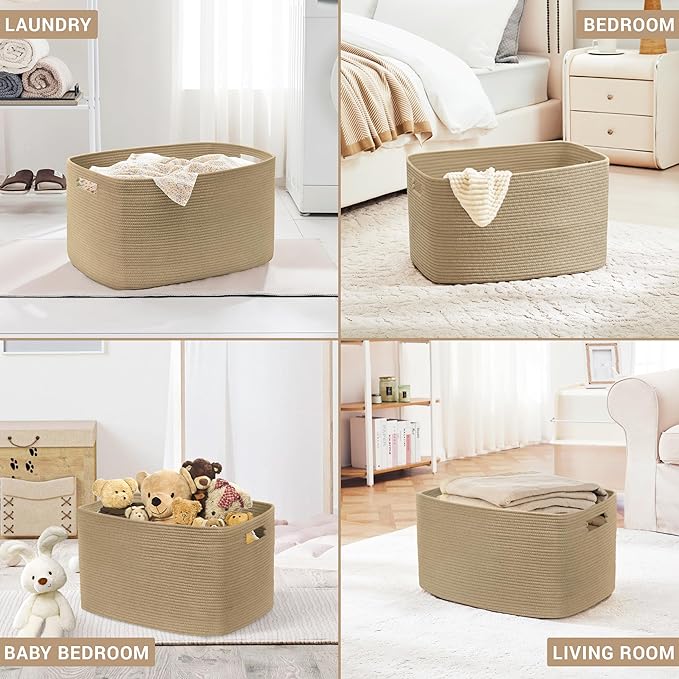 SunNewt 60L Small Wicker Laundry Basket for Living Room Storage,Boho Woven Cotton Rope Baskets for Kids Toy,Gifts,Square Blanket Hamper for Bedroom Dirty Clothes,Jute