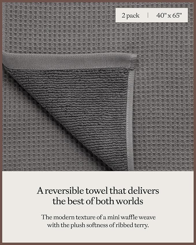 Cozy Earth Waffle Bath Sheets - 60% Cotton 40% Viscose from Bamboo Bath Sheets 40 x 65 Inches - Soft & Absorbent Terry, Reversible Mini Textured Waffle & Weave Pattern - 2 Pack