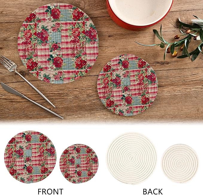Boccsty Spring Rose Trivets for Hot Pots and Pans Leaves Pot Holders 2PCS Hot Pads Kitchen Pot Holder for Counter Table Countertop Farmhouse