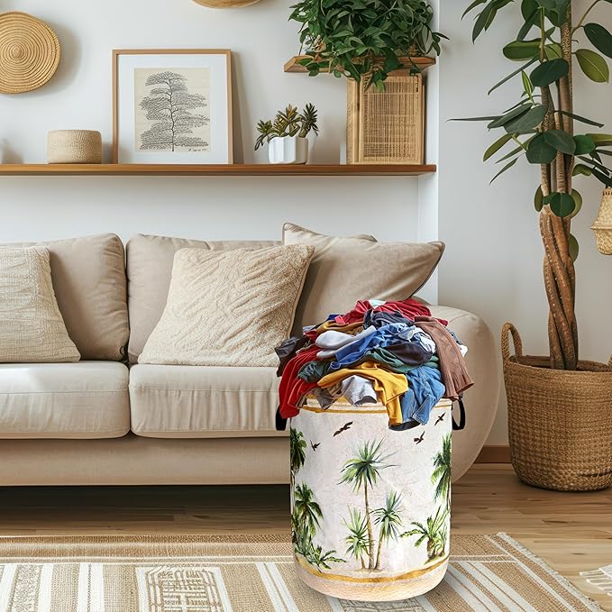 Tropical Palm Trees Laundry Hamper Foldable Oxford Cloth Retro Hawaii Laundry Basket With Handle Portable Clothes Storage Basket Funny Laundry Bag 18.9"x16.5" For Laundry Room/Bedroom/Bathrooms