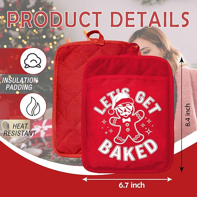 Funny Gingerbread Christmas Baker Pot Holders with Pockets, Let's Get Baked Christmas Gingerbread Man Oven Pot Holders Heat Resistant Oven Mitts Hot Pads for Kitchen Baking Cooking