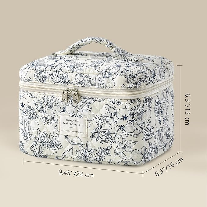 HBselect Christmas Gifts Large Quilted Makeup Bag, Cute Cotton Travel Makeup Bag with Handle, Portable Coquette Floral Make up Bags, Toiletry Organizer Make up Bags for Women Teen Girls Mom
