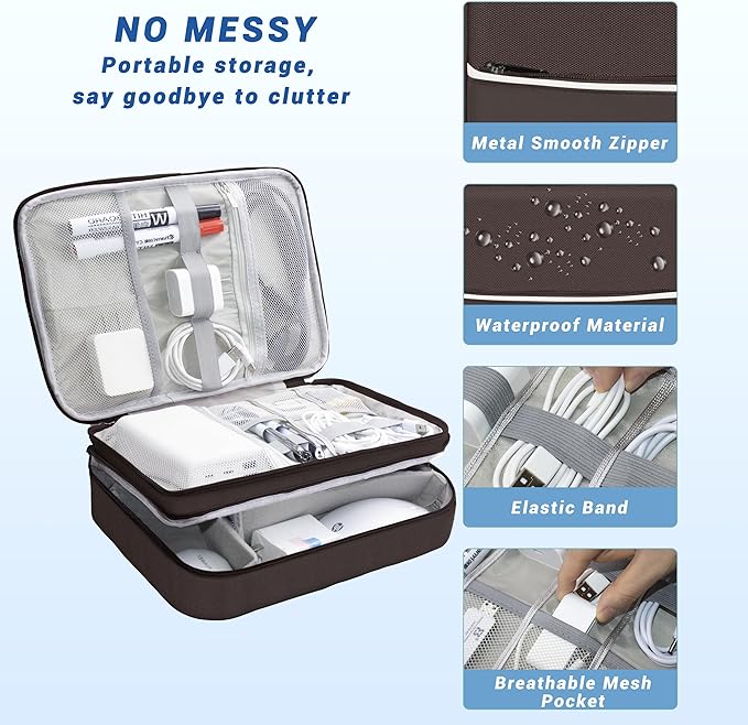 Miavers Electronics Organizer,Travel Cord Organizer Pouch, Portable Cable Organizer Bags, Waterproof Electronic Accessories Storage Case for Cables, Cords, Charger, Phone (Three Layer-Brown)