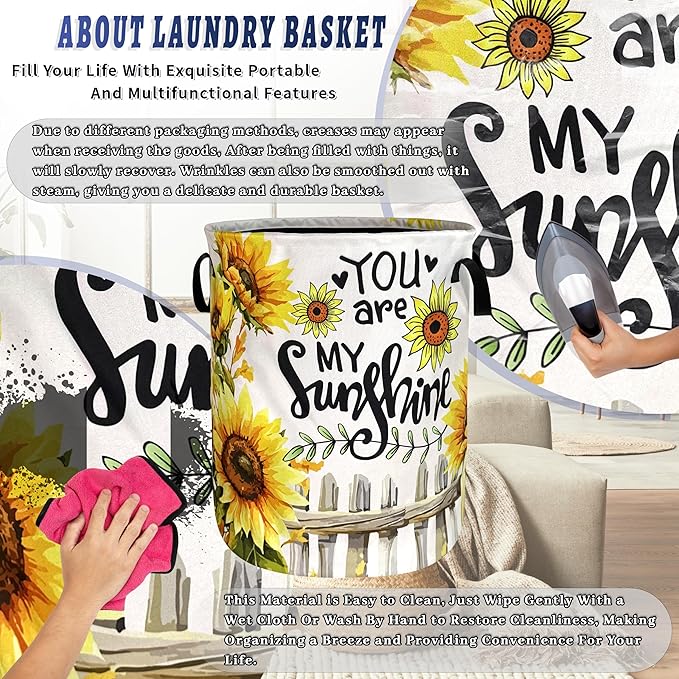 You Are My Sunshine Sunflower Laundry Basket Oxford Cloth Funny Laundry Hamper With Handle Portable Clothes Storage Basket Foldable Floral Laundry Bag 18.9"x16.5" For Laundry Room/Bedroom/Bathrooms