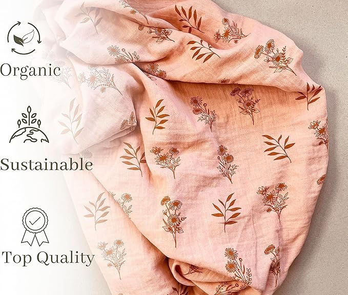 Leyl&Ari Muslin Baby Swaddle Blanket | 100% Organic Receiving Wrap (Peach/Wildflowers)