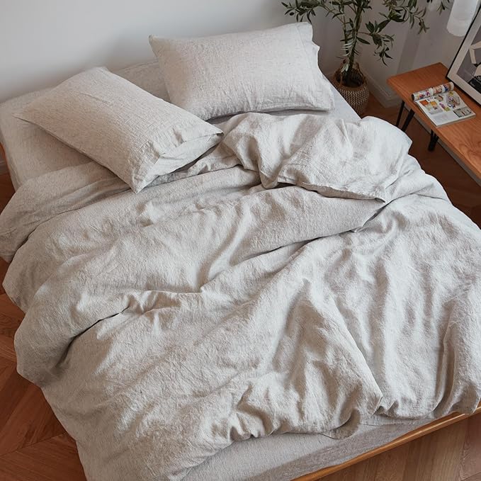 Sijo Stone Washed Organic French Linen Bed Sheet Set, GOTS Certified Organic, Best Cooling Linen Sheet Award by Sleep Foundation, 3 Piece - 2 Pillowcases and 1 Fitted Sheet (Pinstripe, Full)