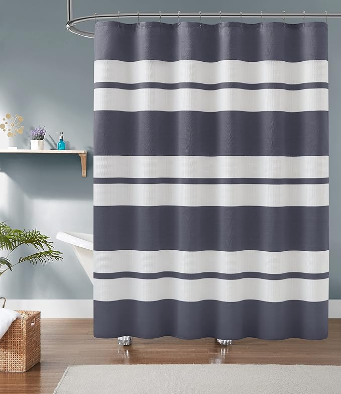 Warm Home Designs White Waffle Shower Curtain with Blue Fabric Stripes. Each Waffle Weave Shower Curtain Measures 70 x 72 Inches. Striped White & Navy Blue Shower Curtains for Bathroom. W Navy 72"