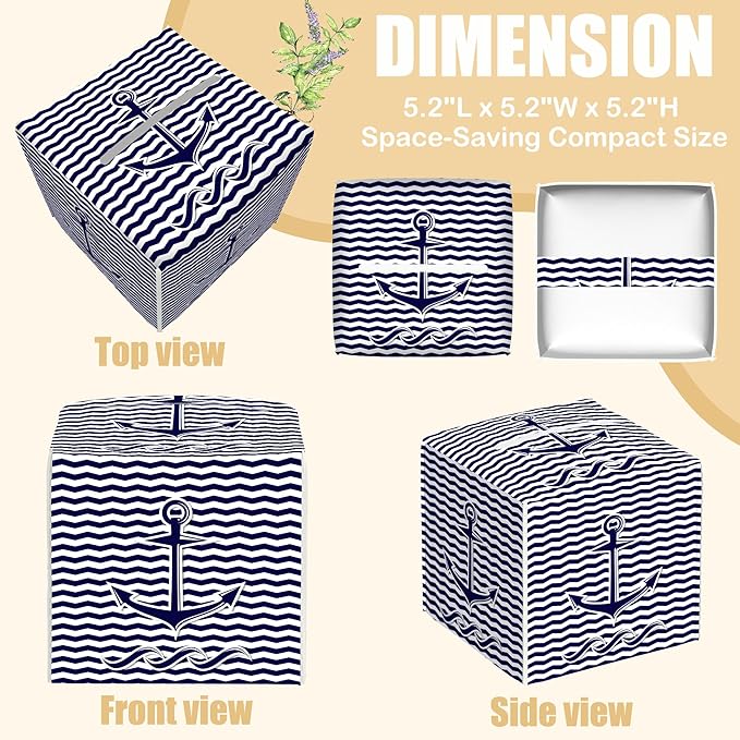 BLYKVGHQ Square Tissue Box Cover Nautical Anchor on Blue and White Stripes Tissue Box Holder Facial Cube Paper Dispenser Leather Decorative Organizer Home Office Desk Decor, 5.2"x5.2"x5.2"