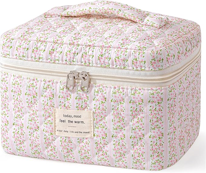 HBselect Christmas Gifts Large Quilted Makeup Bag, Cute Cotton Travel Makeup Bag with Handle, Portable Coquette Floral Make up Bags, Toiletry Organizer Make up Bags for Women Teen Girls Mom