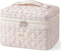 HBselect Christmas Gifts Large Quilted Makeup Bag, Cute Cotton Travel Makeup Bag with Handle, Portable Coquette Floral Make up Bags, Toiletry Organizer Make up Bags for Women Teen Girls Mom