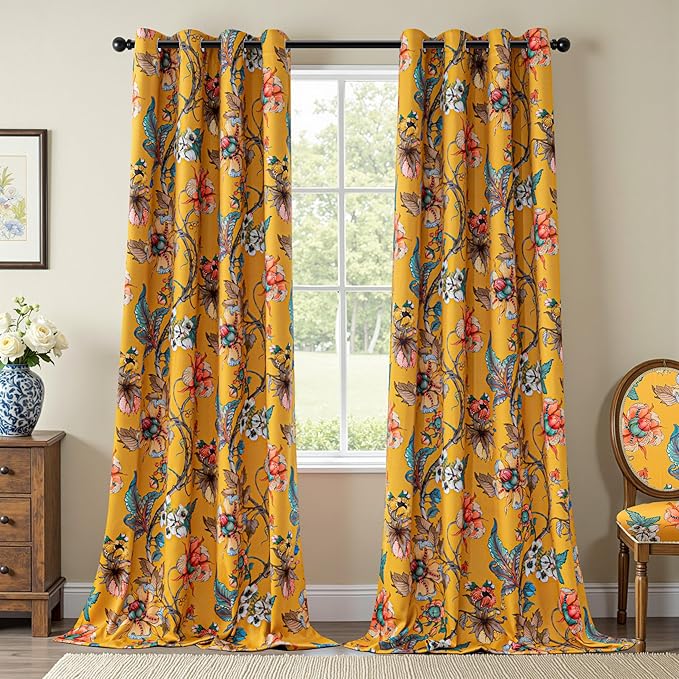 MYSKY HOME Yellow Floral 95% Blackout Curtains 84 Inches Long for Living Room Bedroom Thermal Insulated Light Blocking Noise Reducing Flower Printed Vintage Window Treatments Grommet, 2 Pcs, 52" Wide