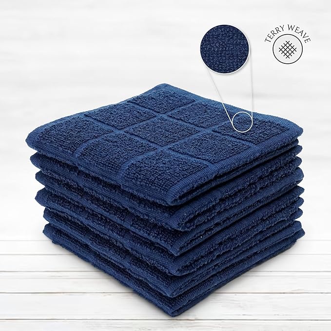 Mellow Buff 100% Cotton Terry Dish Cloth & Dish Towel, 6 Pack, Super Soft and Absorbent Kitchen Towels, Perfect for Kitchen Cleaning and Dish Washing (Navy Blue 6 Pack)