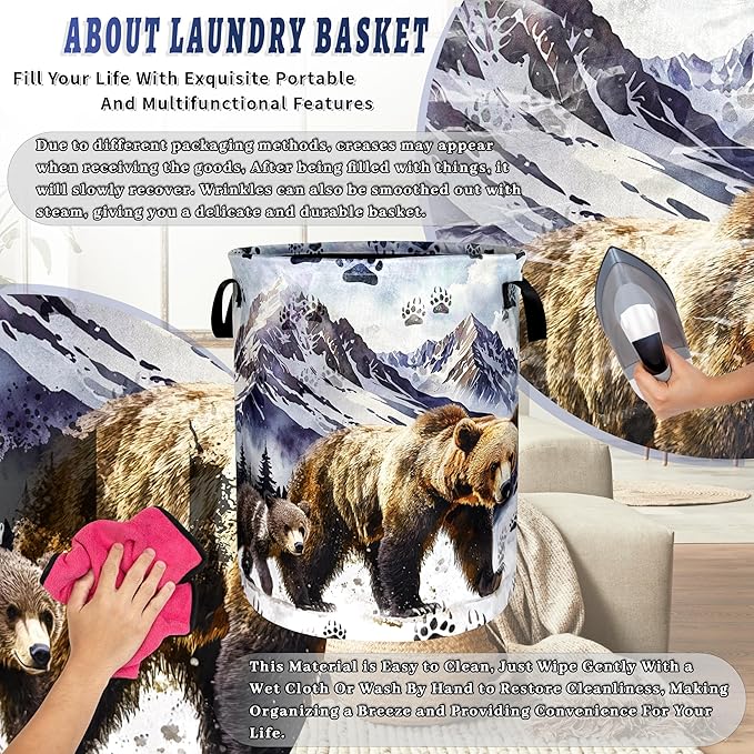 Bear Laundry Hamper Oxford Cloth Funny Bears Paw Forest Animal Laundry Basket With Handle Portable Clothes Storage Basket Foldable Laundry Bag 18.9"x16.5" For Laundry Room/Bedroom/Bathrooms