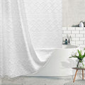 Extra Long White Textured Woven Fabric Boho Shower Curtain with Tassels 72 x 96 Modern Farmhouse Minimalist, Tufted Chevron Striped Shabby Chic, Water Resistant Cloth Curtain for Bathroom, Hotel Decor