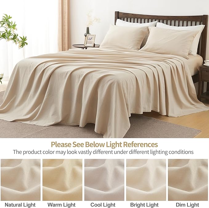 Simple&Opulence Belgian Linen Sheet Set Solid Color - 4 Pieces (1 Flat Sheet, 1 Fitted Sheet & 2 Pillowcases) Natural Flax Cotton Blend Soft Breathable Farmhouse Bedding - Queen Size, Linen/Beige