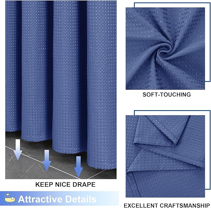 OVZME Blue Shower Curtain Set, Waffle Textured Heavy Duty Fabric Shower Curtain for Bathroom, Luxury Hotel Weighted 230GSM Bath Curtain with 12 Plastic Hooks, Machine Washable, 72x72