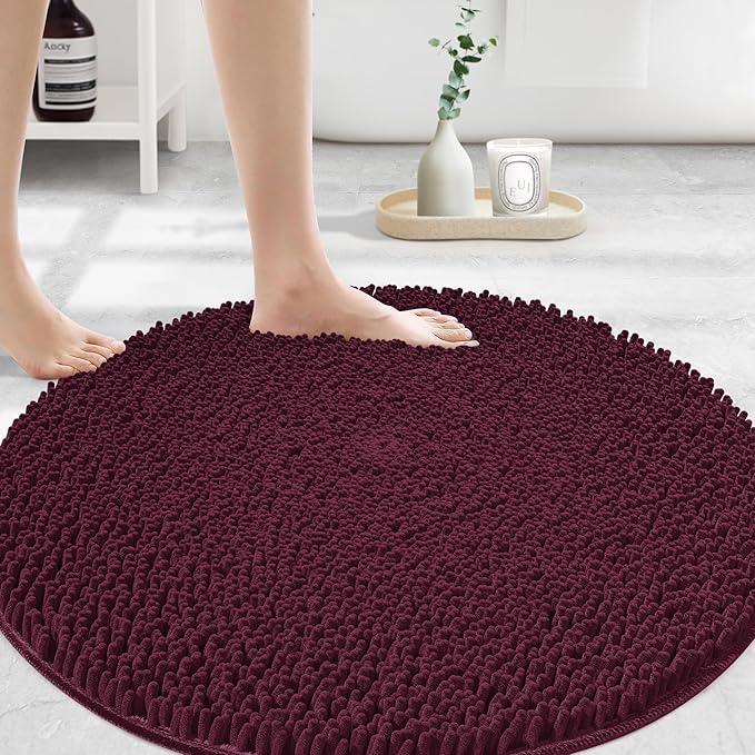 MAYSHINE Round Area Rug Set for Bathroom | Soft Plush Chenille Bath Mat, Water Absorbent Non-Slip Bathroom Rug | Washable Shag Carpet for Shower, Bedroom, or Home Décor | 36"x36" Round | Burgundy