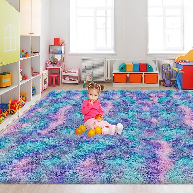 Purple Rainbow Fluffy Soft Area Rug 8x10ft Plush Furry Rugs for Girls Bedroom Kawaii Shaggy Rug for Living Room Fuzzy Nursery Rug for Baby Toddler's Room Cute Colorful Room Decor for Kids
