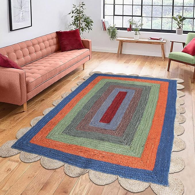 Scalloped Edge Rug, Hand Woven Natural Jute Area Rug, 7x7 Ft Square Beige & Multicolor Braided Kilim Rugs for Living Room, Kitchen, Entryway, Farmhouse