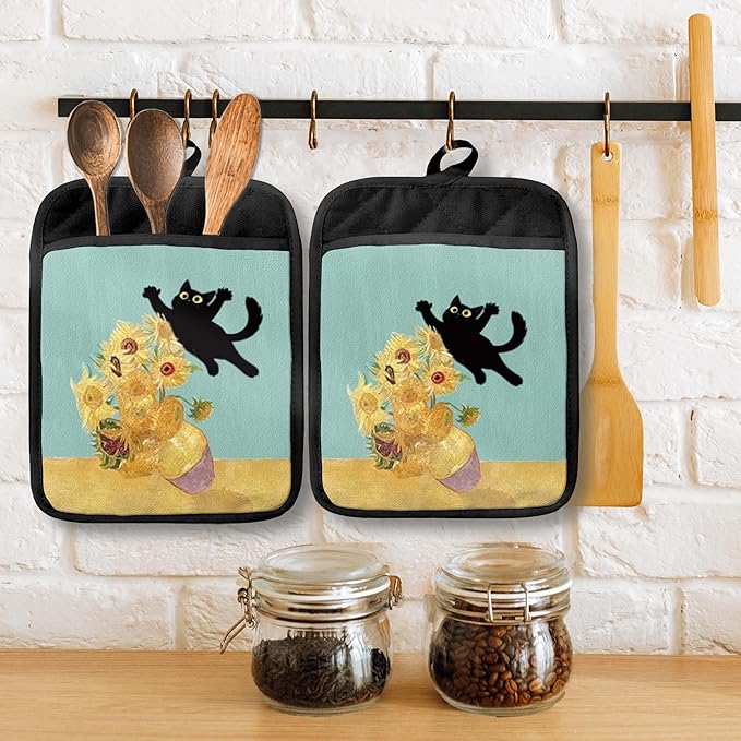 Funny Black Cat Flower Pot Holders with Pockets, Cat Kitchen Decor, Abstract Painting Black Kitten Oven Pot Holders Heat Resistant Oven Mitts Hot Pads for Kitchen Baking Cooking