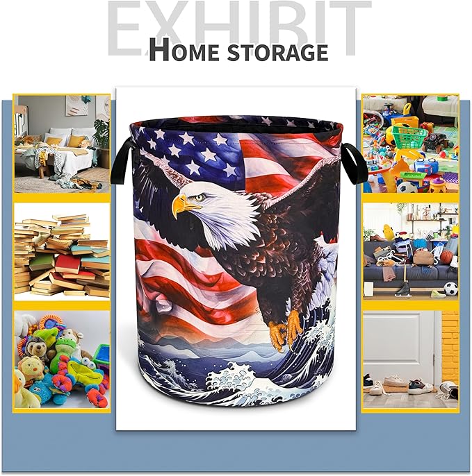 American Flag Eagle Wave Laundry Basket Foldable Oxford Cloth Funny Tote Bag Laundry Hamper Clothes Storage Bucket Toy Organizer For Bathroom/Laundry Storage/Bedroom 18.9x16.5 Inch