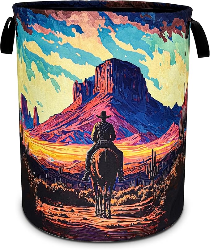 NUTAINLA Western Cowboy Laundry Basket Desert Mountains Foldable Oxford Cloth Funny Tote Bag Laundry Hamper Clothes Storage Bucket Toy Organizer For Bathroom/Laundry Storage/Bedroom 18.9x16.5 Inch