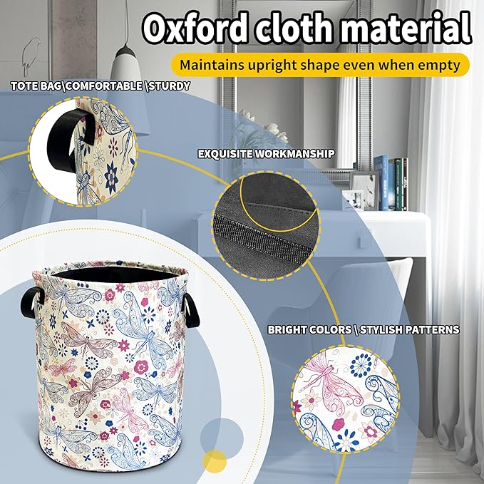 NUTAINLA Dragonfly Laundry Basket Flowers Foldable Oxford Cloth Funny Tote Bag Laundry Hamper Clothes Storage Bucket Toy Organizer For Bathroom/Laundry Storage/Bedroom 18.9x16.5 Inch