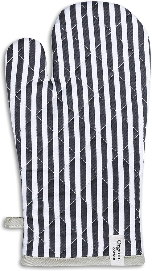 AMOUR INFINI Striped Pot Holders and Oven Mitts Heat Resistant Non Slip Reusable Set of 1 Oven Mitt and 1 Pot Holder Oven Gloves Pot Holder for Cooking (Charcoal)