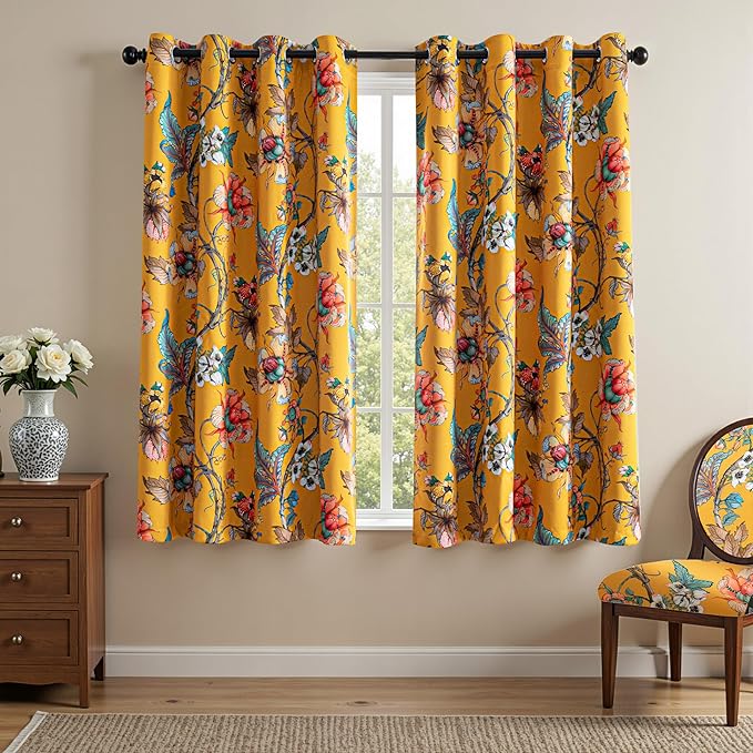 MYSKY HOME Floral Blackout Curtains 63 Inch Long Bedroom Black Out Thermal Insulated Noise Reducing Drapes Flower Printed Cottagecore Style Grommet Window Treatment Living Room Kitchen, Pack-2, Yellow