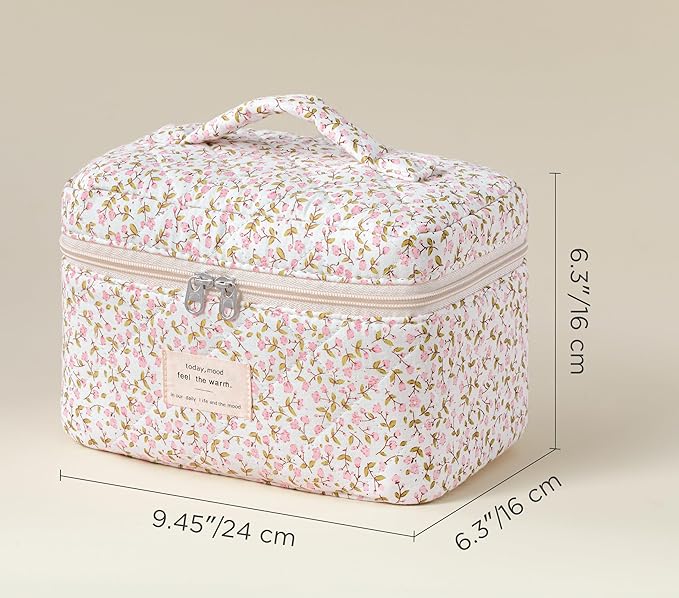 HBselect Christmas Gifts Large Quilted Makeup Bag, Cute Cotton Travel Makeup Bag with Handle, Portable Coquette Floral Make up Bags, Toiletry Organizer Make up Bags for Women Teen Girls Mom