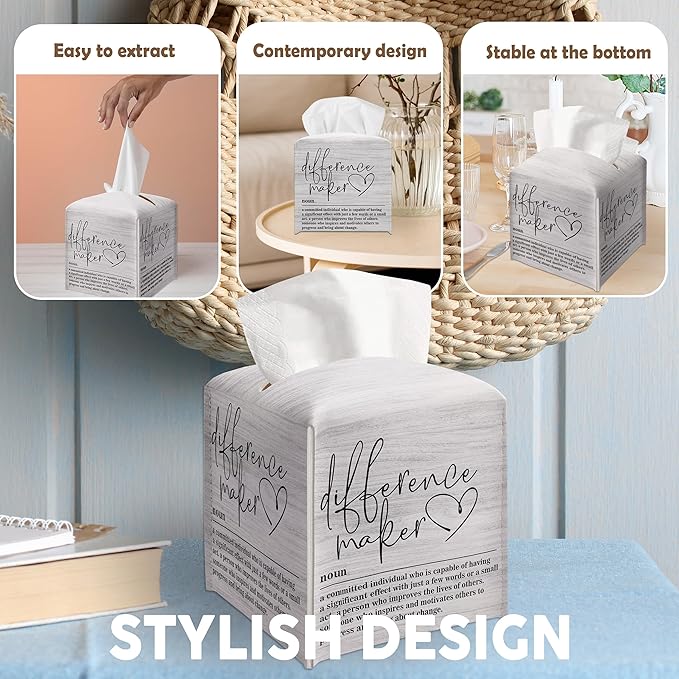 Square Tissues Cube Boxes Cover, Wood Pattern Leather Tissue Box Cover Holder, Inspirational Quote Gift Ideas for Friends, Difference Maker Decor for Bathroom Office-(5.2 Inches) A22
