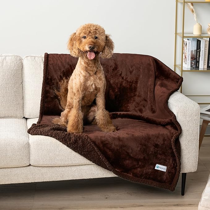 PetAmi Waterproof Dog Blanket for Queen Bed Large XL Dog Throw for Couch Cover Leakproof Furniture Protection, Sherpa Fleece, Reversible Soft Washable 90x90 Brown Brown