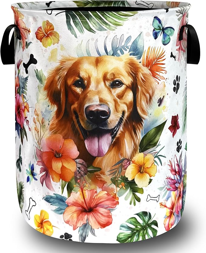 Dog Laundry Basket Oxford Cloth Funny Pet Flower Laundry Hamper With Handle Portable Clothes Storage Basket Foldable Laundry Bag 18.9"x16.5" For Laundry Room/Bedroom/Bathrooms
