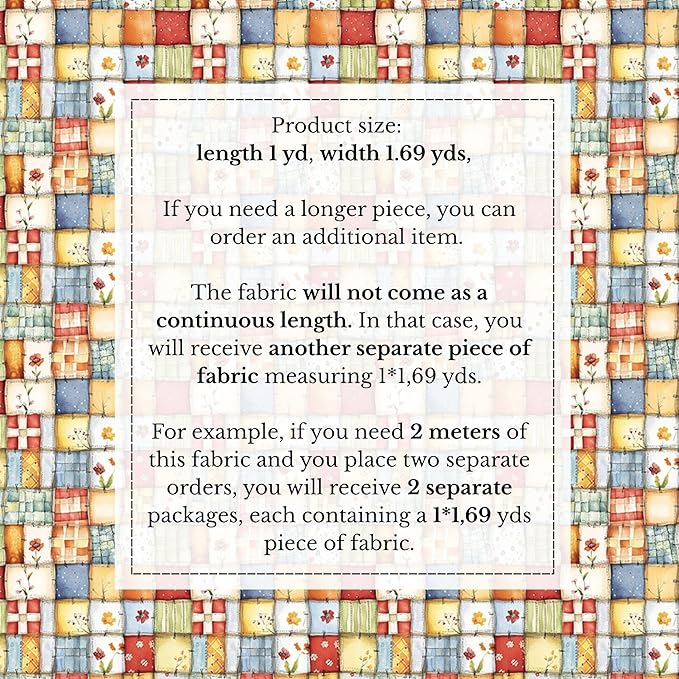 Patchwork Cotton Fabric Panel 61 x 36.6 Inches, Floral Quilt Style Squares, Soft Multicolor Design, 100% Cotton 140 GSM, Sewing Quilting Fabric