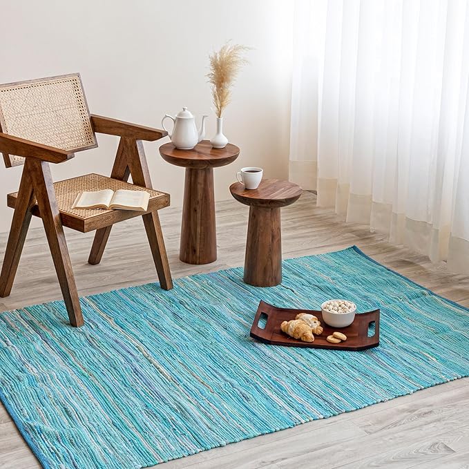 HOMEMONDE Teal Chindi Rug 4'x6' Recycled Soft Cotton Hand Crafted Reversible Boho Rag Rugs for Bedroom, Living Room, Kitchen, Entyrway