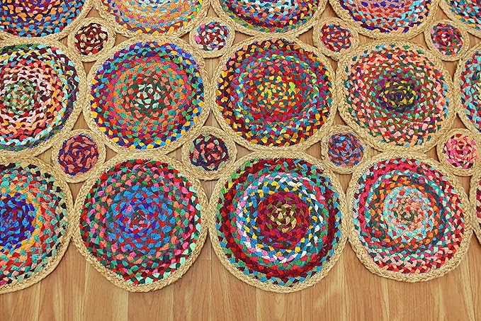 Scalloped Edge Rug, Hand Woven Natural Chindi Cotton and Jute Area Rug, 9x15 Ft Beige & Multicolor Braided Kilim Rugs for Living Room, Kitchen, Entryway, Farmhouse