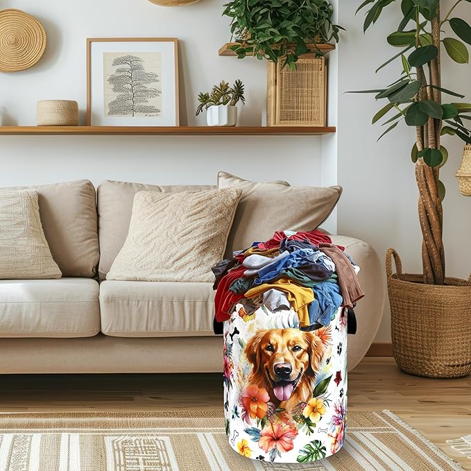 Dog Laundry Basket Oxford Cloth Funny Pet Flower Laundry Hamper With Handle Portable Clothes Storage Basket Foldable Laundry Bag 18.9"x16.5" For Laundry Room/Bedroom/Bathrooms