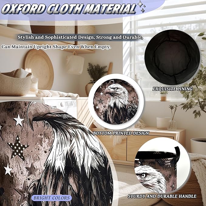 Vintage American Flag Eagle Laundry Basket Oxford Cloth Patriotic Funny Laundry Hamper With Handle Portable Clothes Storage Basket Foldable Laundry Bag 18.9"x16.5" For Laundry Room/Bedroom/Bathrooms