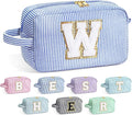 YOOLIFE Initial Cosmetic Bag for Women - Monogram Cute Makeup Bag Cosmetic Case Toiletry Pouch for Women Her Best Friend Sister Teacher, Personalized Birthday Gifts for Women, Blue W
