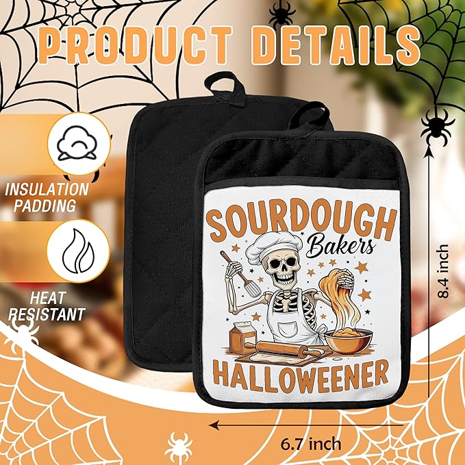 Halloween Skeleton Baker Pot Holders with Pockets, Gifts for Sourdough Bakers, Funny Halloween Skull Oven Pot Holders Heat Resistant Oven Mitts Hot Pads for Kitchen Baking Cooking