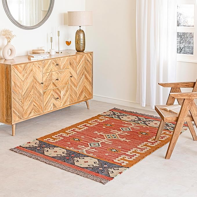 Jute Traditional Kilim Rug Boho Flatweave Area Rug for Living Room, Living Room Entryway, Tribal Series, 4'x6'