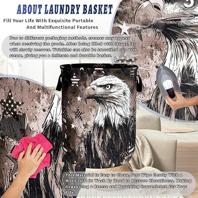 Vintage American Flag Eagle Laundry Basket Oxford Cloth Patriotic Funny Laundry Hamper With Handle Portable Clothes Storage Basket Foldable Laundry Bag 18.9"x16.5" For Laundry Room/Bedroom/Bathrooms