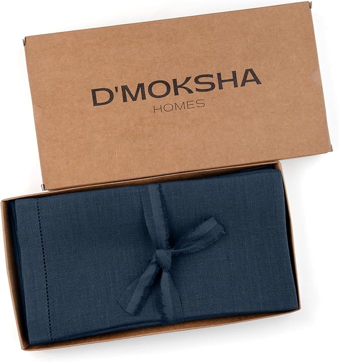 D'Moksha Homes Navy Blue Linen Napkins Set of 8 - Classic Hemstitch 100% Pure Linen Hemstitch Dinner Napkins 20 x 20 Inch for Easter - Handcrafted and Machine Washable