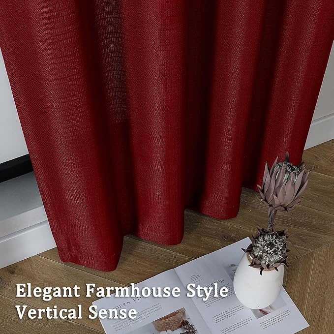 Lecloud Bessie Red Christmas Curtains 63 Inch Length 2 Panels, Privacy Faux Linen Breathable Light Filtering Curtain, Rustic Dual Rod Pocket Window Drapes for Bedroom Livingroom, Each 40" W x 63" L