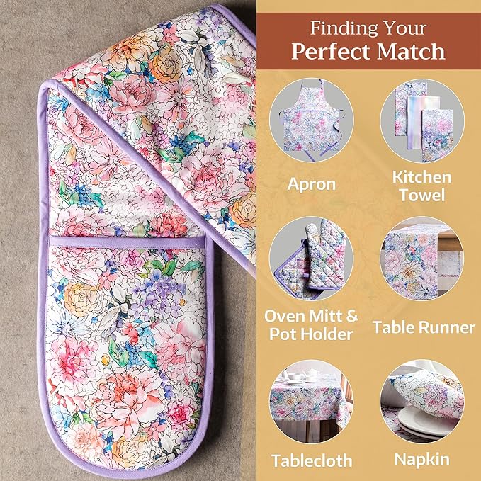 Maison d' Hermine Double Oven Mitts 100% Cotton 7"x35" Double Oven Mitt Heat Resistant BBQ Cooking Gloves with Loop, Baking, Grilling, Home, Kitchen, Handling Hot Pans Spring Summer (Floral Love)