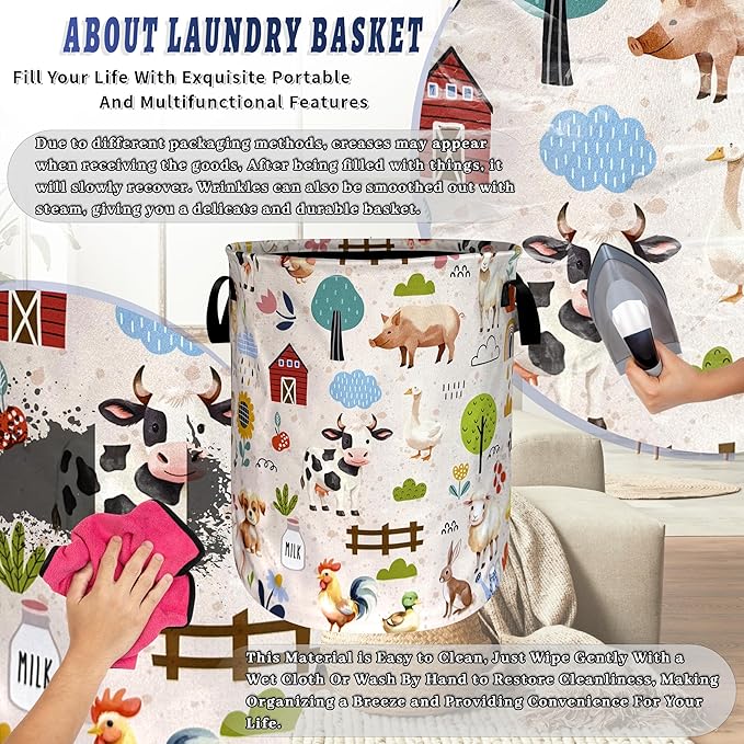 Cute Animals Laundry Basket Oxford Cloth Animal Dogs Cows Chicken Laundry Hamper With Handle Portable Clothes Storage Basket Foldable Funny Laundry Bag 18.9"x16.5" For Laundry Room/Bedroom/Bathrooms
